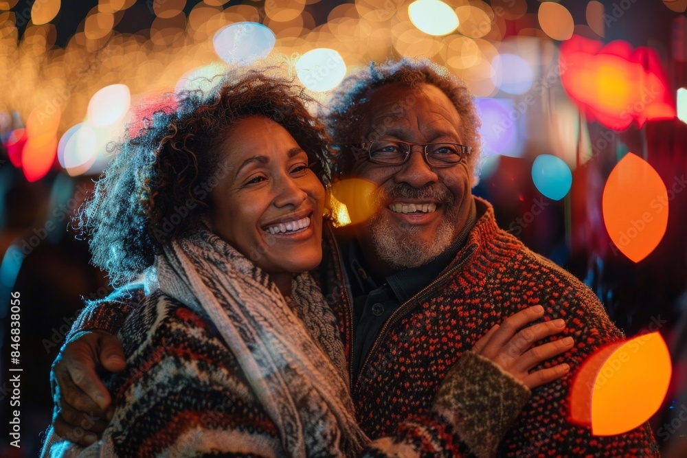 Wall mural Portrait of a merry mixed race couple in their 70s wearing a cozy sweater on lively concert crowd background