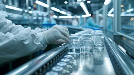 Fototapeta premium A laboratory researcher in protective white gloves examines medical vials on a conveyor belt.