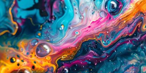 Abstract fluid art with vivid swirls of pink, blue, yellow, and orange, creating a dynamic, vibrant composition.