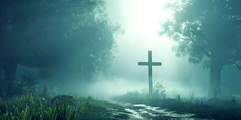 Fototapeta premium Simple roadside memorial to mark where a death occurred - misty blue green woodland path with trees either side, and a simple large cross on side with copy space around for memorial message