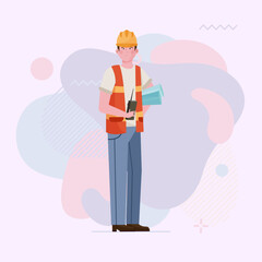 Worker in safety vest and hardhat. Builder with blueprints flat vector illustration. Construction site, building, engineering concept for banner, website design or landing page