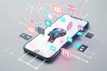 Mobile Phone with Floating Icons of Artificial Intelligence, Video, and Data on Light Grey Background Representing AI in Marketing for Virtual Events and Digital Transformation
