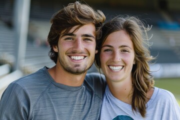Portrait of a smiling caucasian couple in their 20s sporting a breathable hiking shirt in front of dynamic sports stadium background