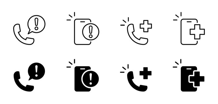 Emergency call icon set. Urgent call icon. Phone warning alert sign collection