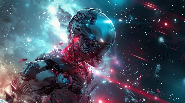 Futuristic robot warrior in an epic outer space battle, surrounded by cosmic explosions, lasers, and debris, representing advanced technology.