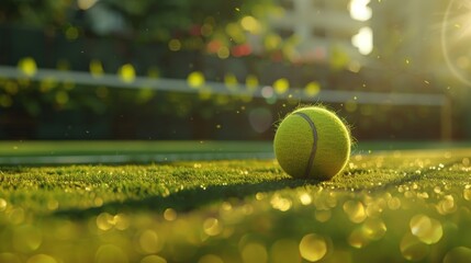 A tennis ball on a grass tennis court.