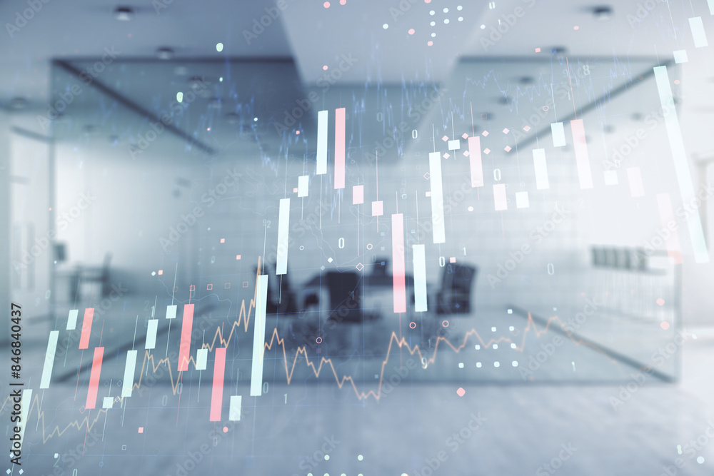 Poster multi exposure of virtual abstract financial graph interface on a modern furnished classroom backgro