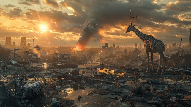Post-apocalyptic scene with a giraffe in a desolate urban wasteland, with burning wreckage, dramatic sky, and ruined cityscape at sunset.