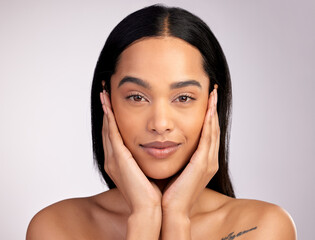 Portrait, woman and confidence in studio for skincare, fine lines and morning beauty routine. Model girl, pride and cosmetics with treatment, wellness and collagen for wrinkles by white background