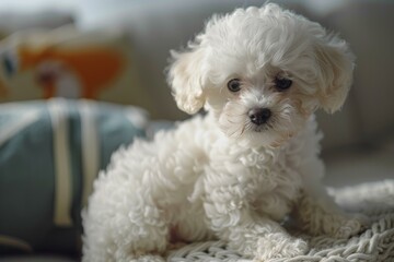 Cute white dog with fluffy fur sitting comfortably indoors on a cozy blanket