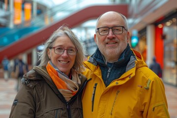 Fototapeta premium Portrait of a grinning couple in their 40s wearing a lightweight packable anorak in vibrant shopping mall background
