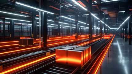 A highly advanced automated warehouse with illuminated conveyor belts transporting packages. The neon red and black lighting design creates a high-tech.