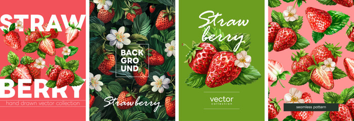 Hand drawn set of designs and patterns. Vectorized gouache illustrations. Illustrations of strawberry with flowers and leaves for poster, prints, menu, card or textile.