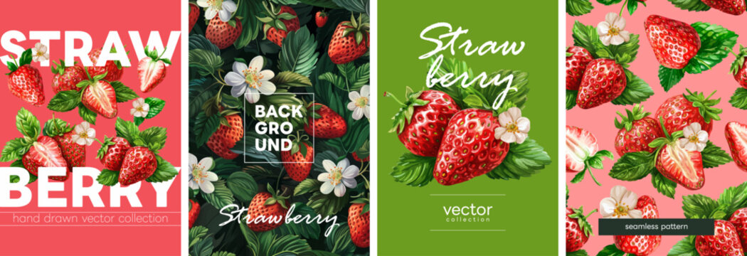 Hand drawn set of designs and patterns. Vectorized gouache illustrations. Illustrations of strawberry with flowers and leaves for poster, prints, menu, card or textile.