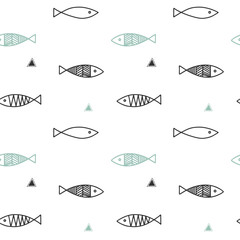 Seamless pattern with simple fishes. Monochrome abstract backgrounds