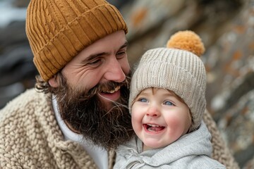 Obraz premium A happy father and child are outside on a cold day, wearing warm knit hats and coats, smiling and laughing together