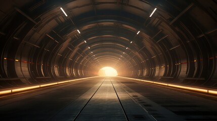 Symmetrical illuminated brown empty technical tunnel or hangar, wide angle.