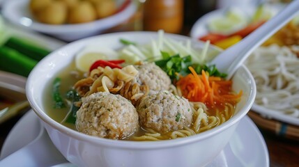 Indonesian food, mie bakso, indonesian meatball served in a white ceramic bowl soup. Generative Ai