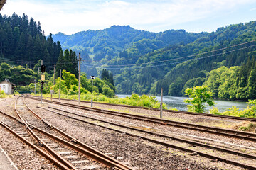 Railway Tracks and Scenic Mountain View in Fukushima Japan