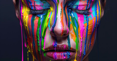 A woman's face with colorful paint dripping down her cheek, creating an artistic and vibrant look on the skin.