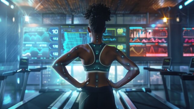 A woman wearing a sports bra and leggings stands on a treadmill in a futuristic gym, with large screens displaying her workout data and progress. - Powered by Adobe