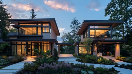 Obraz premium Contemporary Luxury Homes Blending Seamlessly with Scenic Nature in Architectural Harmony