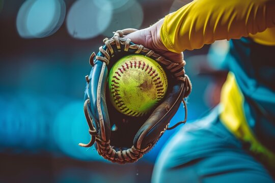 Close up of intense softball pitcher releasing fast pitch at olympics, action frozen in the moment
