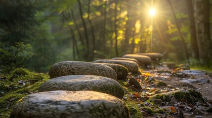 Obraz premium stones arranged in a line in the middle of the forest, sunlight coming in from between the trees hitting the stones.
