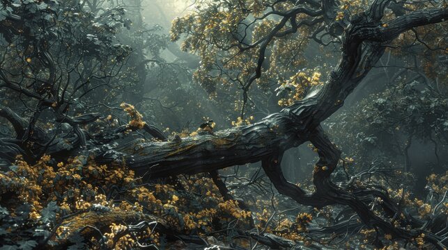 A mystical forest landscape with ancient twisted trees, lush greenery, and a serene, foggy atmosphere.