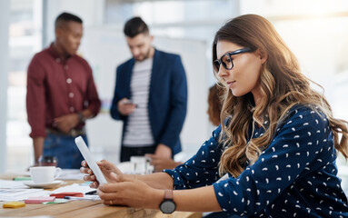 Business people, typing and woman in tablet, internet and email notification with social media, company website and professional. Employee, staff and consultant with technology, writer or news agency