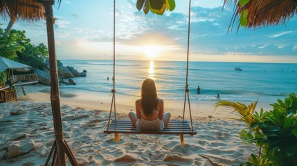 Traveler europe woman travel and relax on swing in beach cafe at bali summer indonesia