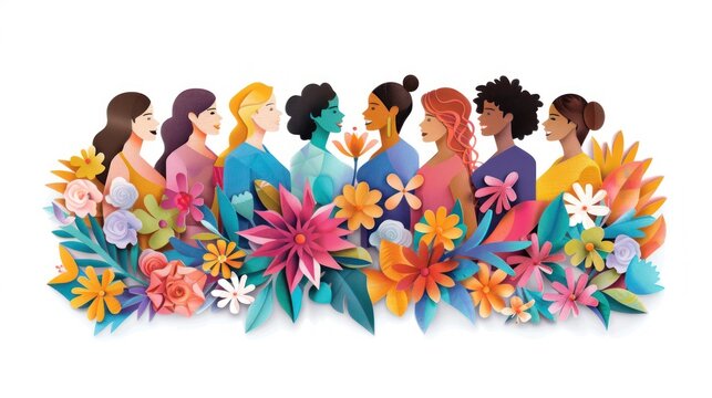 Illustrate a captivating vector graphic of a diverse ensemble of women portrayed in a paper cut-out design, with beautifully crafted floral elements symbolizing unity and beauty.