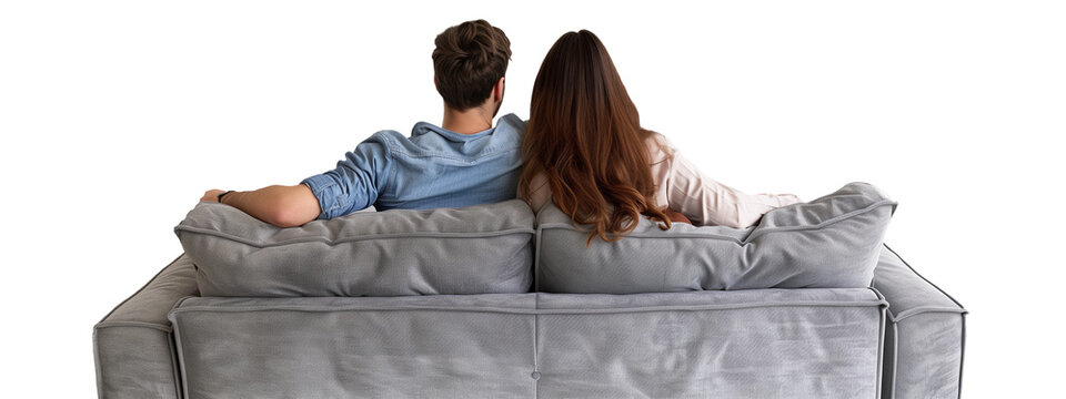 A young couple, their backs to the viewer, probably watching TV, share a moment of quiet intimacy on a modern couch. Transparent png, add your own background.