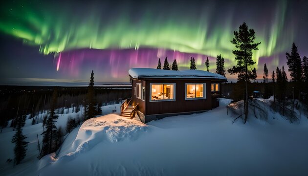 Aurora borealis flying over the chalet in Yellowknife
