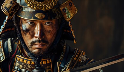 Japanese samurai in armor with sword on dark background, closeup of face and helmet. Portrait of warrior ready for battle