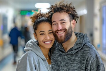 Fototapeta premium Portrait of a cheerful multicultural couple in their 30s wearing a thermal fleece pullover in front of busy hospital hallway background