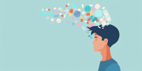 A man with a headache and pills coming out of his head.