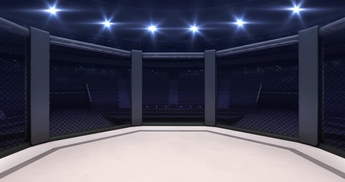 Stand inside of octagon cage at fight arena illuminated with shining spotlights. Professional 4k animation for sports advertising