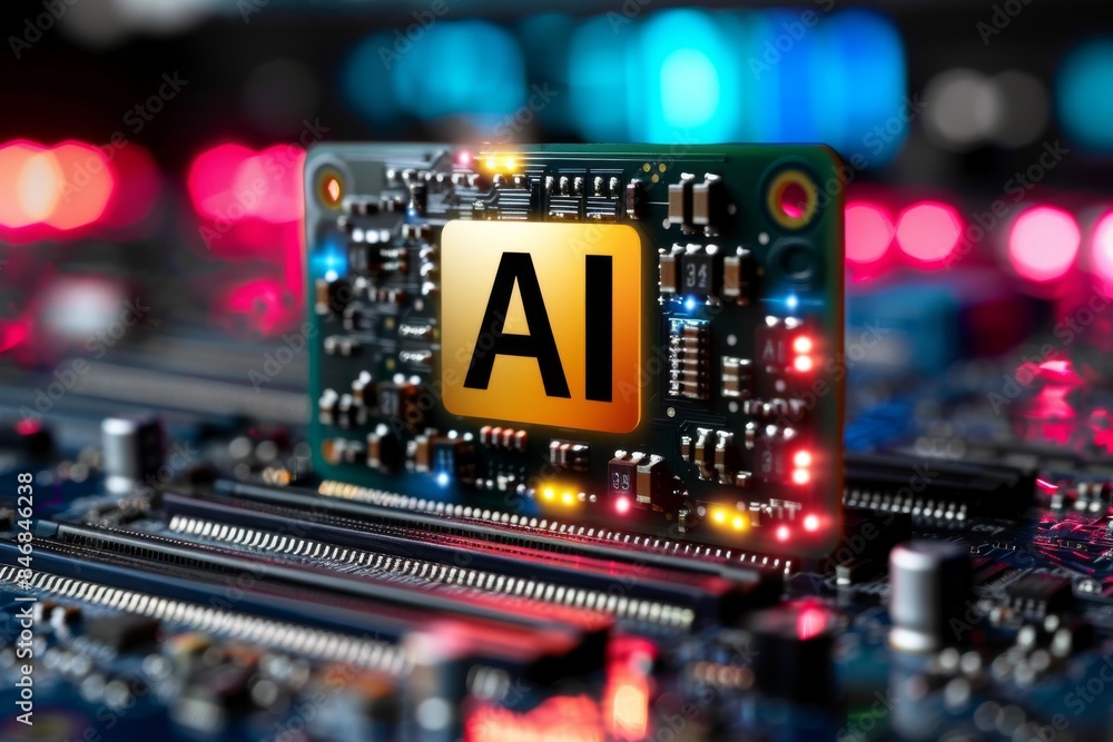 Poster ai chip on a colorful circuit board, highlighting the intricacies of technology and artificial intel
