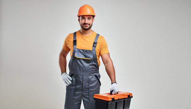 operaio cassetta degli attrezzi al lavoro casco lavora 