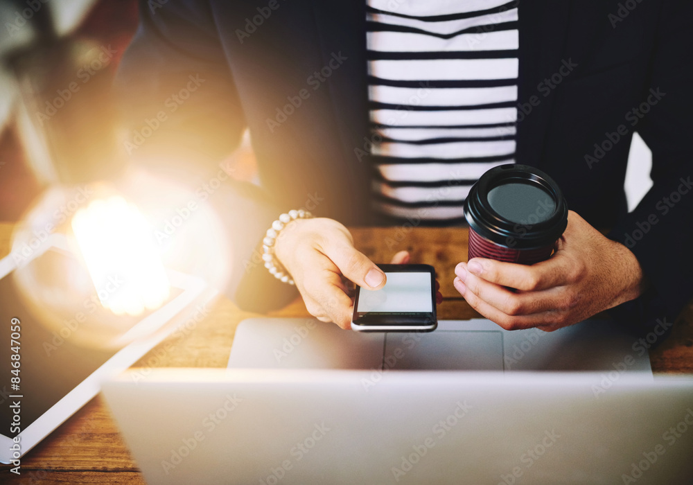 Aufkleber Laptop, hands and person with phone and coffee in office for online email communication for business review. Technology, latte and hr manager with computer and cellphone for reading company policy.