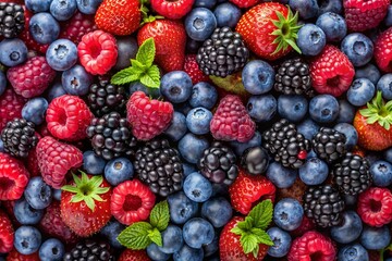 Background of mixed blackberries, raspberries, and blueberries