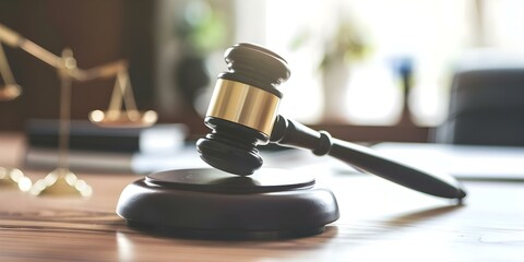 Fototapeta premium Judges gavel on desk in law office closeup shot. Concept Legal Profession, Office Environment, Judge's Gavel, Close-up Photography, Law Enforcement