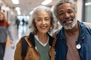 Fototapeta premium Portrait of a glad multiethnic couple in their 60s sporting a stylish varsity jacket isolated on busy hospital hallway background
