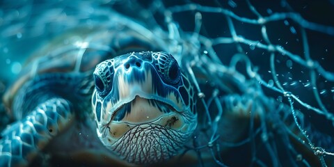 Obraz premium Focused image of a turtle trapped in a fishing net in the sea. Concept Marine Life, Environmental Conservation, Wildlife Protection, Ocean Pollution, Nature Photography
