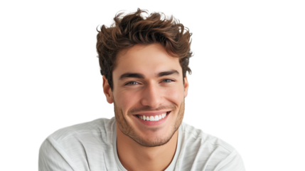 young handsome man laughing shyly and cheerfully on transparent