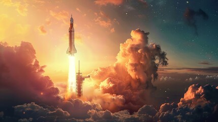 Triumphant rocket launch with astronauts on space mission at sunset, ascending into the vast unknown