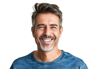 Portrait of happy casual older man smiling, Mid adult, mature age guy with gray hair, Isolated on transparent background