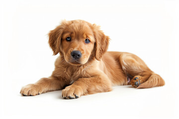 A joyful Golden Retriever puppy lies on the floor, looking directly at the camera in this full-body image.