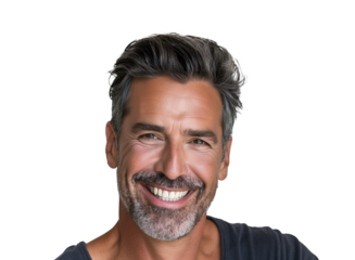 Portrait of happy casual older man smiling, Mid adult, mature age guy with gray hair, Isolated on transparent background